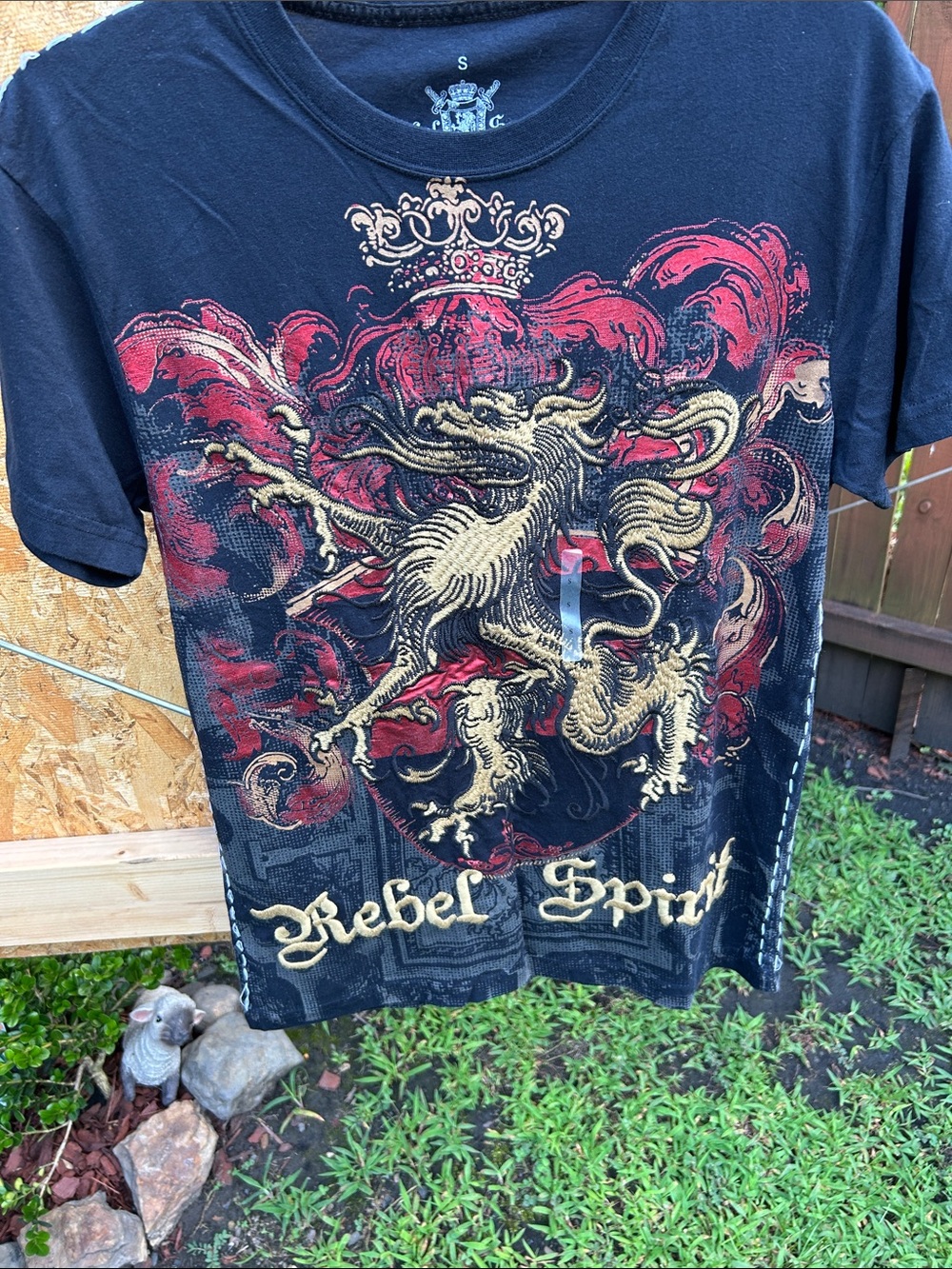 Rebel Spirit Black Short Sleeve Tee with Red and Gold Crest